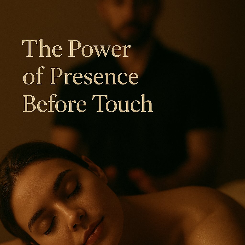 A professional male therapist prepares for a sensual massage session as a relaxed woman lies with closed eyes, highlighting the emotional power of presence before touch — Mr. Massage Sri Lanka.