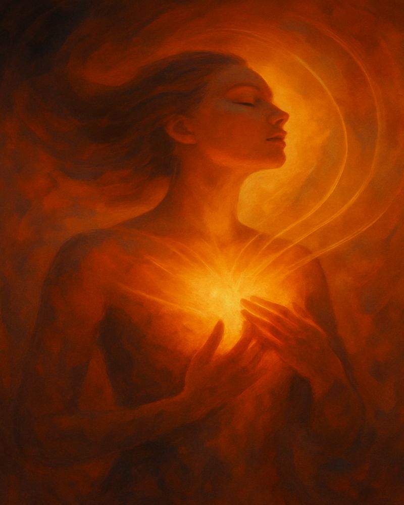 Abstract painting of a woman glowing from the chest, symbolizing emotional release through sensual massage in Sri Lanka