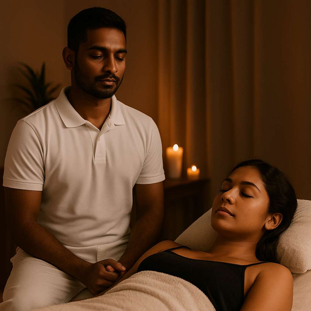 A Sri Lankan male therapist in a white shirt sits beside a relaxed woman during a massage session, creating stillness before touch.