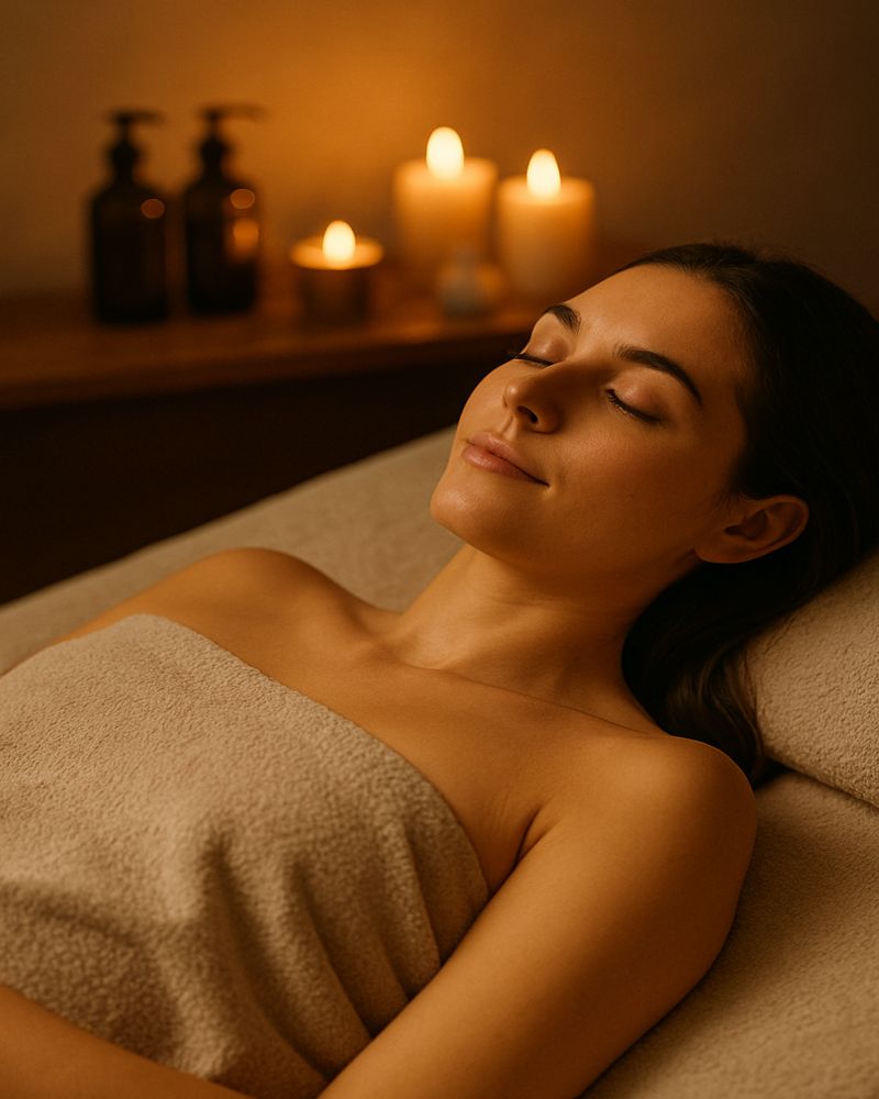Close-up of a woman’s collarbone glowing in warm light during a sensual massage by a male therapist in Sri Lanka