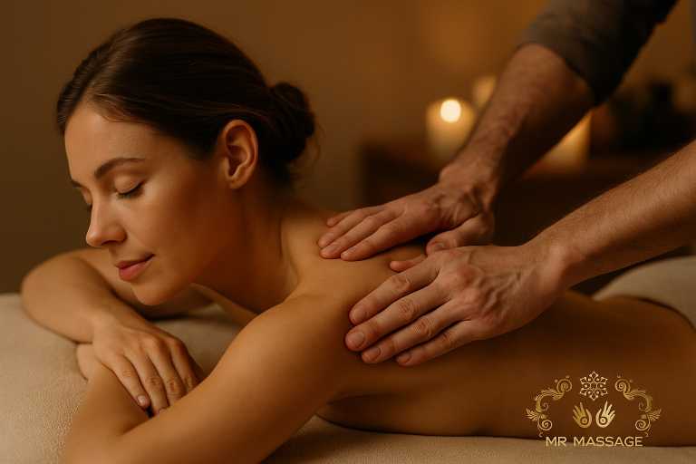 A woman receiving a professional shoulder blade massage in a peaceful spa setting in Sri Lanka