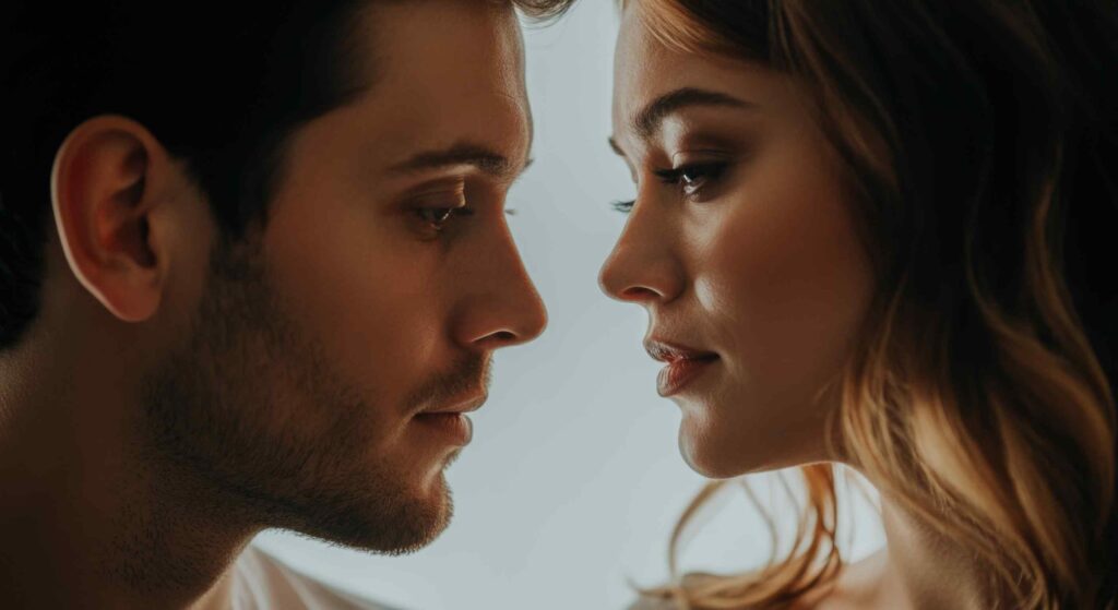 Sensual intense gaze between man and woman symbolizing deep connection in Sri Lankan massage experience